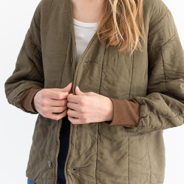 Vintage Mushroom Brown Cotton Quilt Jacket | Unisex Liner V Neck Puffer Coat | M L | CC008 