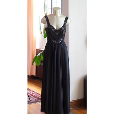 Vintage Black Lace Slip Dress - 1970s - Vintage Lingerie, Nightgown, Maxi Dress 