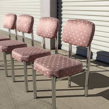 Set Of Four Vintage Mid Century Chrome Tubular Dining Chairs | Dusty Pink | Retro | MCM | Postmodern | Post Modern | Midcentury | Amazing! 