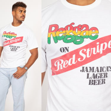 Medium 90s Reggae Red Stripe Beer T Shirt | Vintage Jamaican White Graphic Tee 