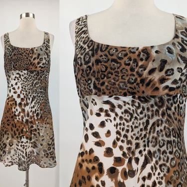 Vintage 90s Cache Size 10 Leopard Print Empire Waist Mini Dress 