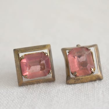 1950s Pink Rhinestone and Sterling Screw Back Earrings 