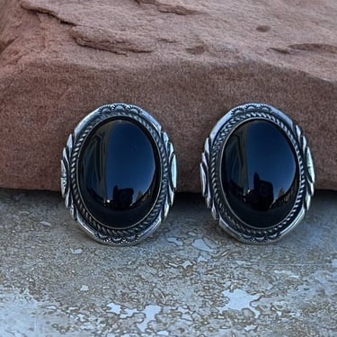 Albert Cleveland ~ Vintage Navajo Large Oval Sterling Silver and Black Onyx Stone Clip On Earrings 