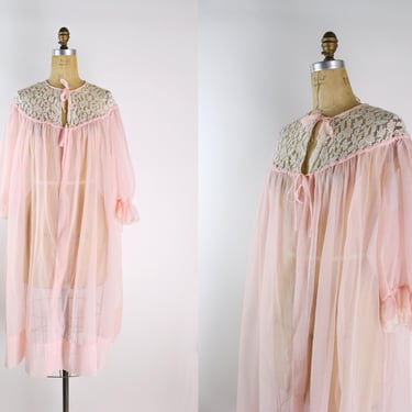 80s Pink Lace Nightgown Robe / Slip Dress / Wedding Slip Robe/ Lace lingerie  /Sheer pink Peignoir Robe/ Bridal/ One size/ As is 