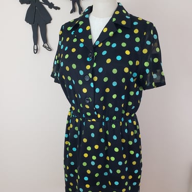 Vintage 1980's Shirt Waist Dress / 90s Polka Dot Day Dress L/XL 
