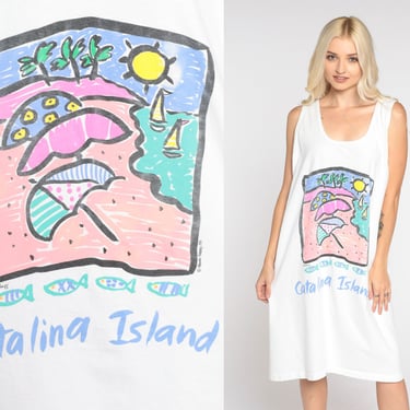 Catalina Island Dress 90s Tank Dress Tropical Fish Ocean Print Tshirt Dress Graphic Beach Cover Up White Vintage 1990s Small Medium Large 