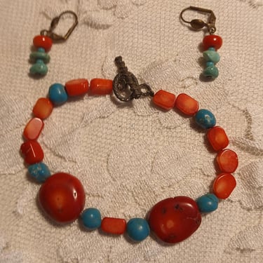 Vintage Coral And Turquoise Bracelet/Earring  Set 