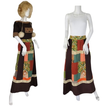 1970's Brown Patchwork Floral Print Maxi Skirt I Sz Med I W: 28" 