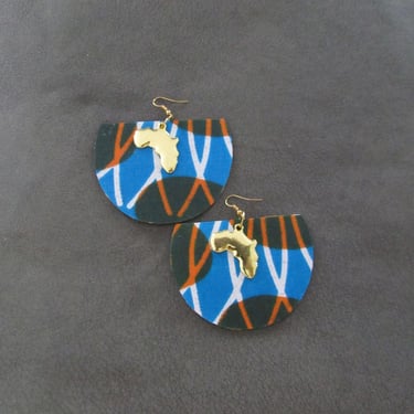 Large African print earrings, Ankara huge fabric earrings, blue orange 