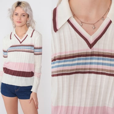 White Striped Sweater Top 70s Ribbed Knit Shirt Collared V Neck Retro V-Neck Buttonless Polo Acrylic Blue Pink Maroon Vintage 1970s Small S 