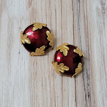 Vintage Dominique Aurientis Earrings in Goldtone with Large Ruby Red Pearlized Cabochon - French Costume Jewelry 