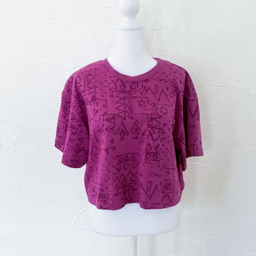 80s Cropped Magenta Abstract Print Boxy Tee with Pocket | Medium/Large 
