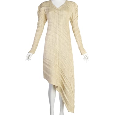 Issey Miyake Vintage SS 1995 Beige Sheen Structured Diagonal Pleated Asymmetrical Dress