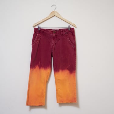 Reworked Orange Red Ombre Cropped Capri Pants with Hand-Dyed Bleach Design — Waist Size 30 