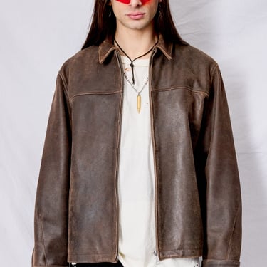Brown Cracked Leather Zip Jacket