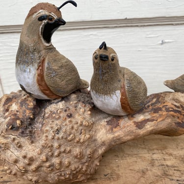 Vintage Quail Family On Wood Branch By Betty Kendall, Quail Lover, Bird Sculpture, Woodland Birds, Rustic, Cabin Decor, Centerpiece 