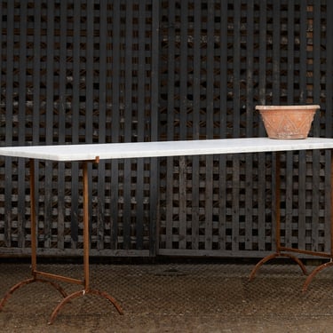 Spanish Mid 20th Century Narrow Dining Table and/or Console with Marble Top & Iron Bases