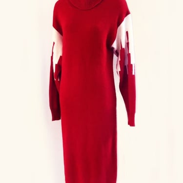 Vintage Art Deco style Angora Fur Designer Christina Grant Red & White SWEATER DRESS, size Medium, 1980s 