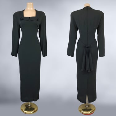 VINTAGE 90s does 40s Black Crepe Swag Back Bombshell Dress by Express Compagnie Internationale Sz 7/8 | 1980s 1940s Art-Deco Dress | VFG 