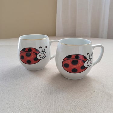 TWO porcelain LADY BUG coffee/tea mugs  Made in Czech Republic Cottagecore decor 