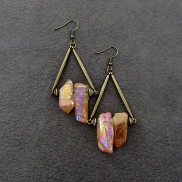 Raw quartz peach crystal earrings, rustic boho chic earrings, unique geode natural bohemian mid century modern brutalist artisan, bronze 