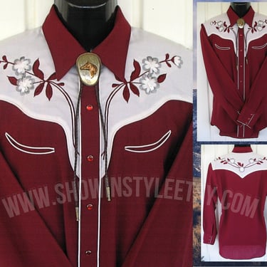 Vintage Western Men's Cowboy and Rodeo Shirt by Tem Tex, Rockabilly, Burgundy with Embroidered Flowers, Approx. Size Large (see meas. photo) 