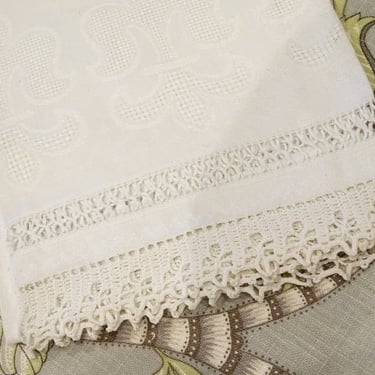 Antique French Linen Towel with Fleur-de-lis & Crocheted Trim, Vintage Damask Hand Made 
