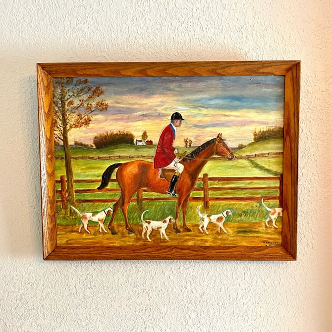 Original Vintage Oil Painting/ Mounted Huntsman with Dogs/ Artist signed, dated 1964 