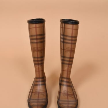 Tan Plaid Rain Boots, Size: 35, By Burberry