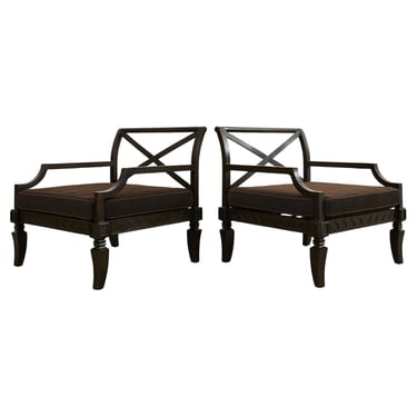 Pair of Neoclassical Style Iron Garden Lounge Chairs and Ottomans