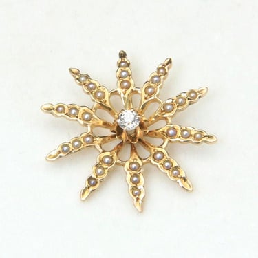 Vintage 14K Yellow Gold White Diamond & Seed Pearl Star Flower Pendant 