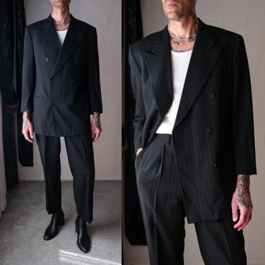 Vintage 90s GIORGIO ARMANI Le Collezioni Black & Copper Shadow Pinstripe Double Breasted Suit | Made in Italy | 1990s Designer Mens Suit 