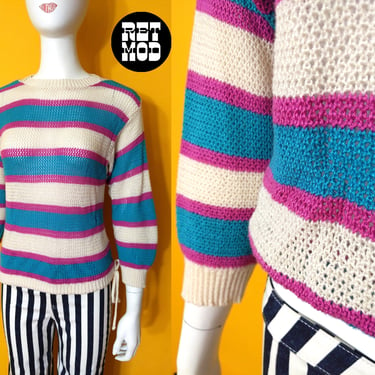 Fun Vintage 70s 80s Teal Magenta Stripe Open Net Sweater with Drawstring Bottom 