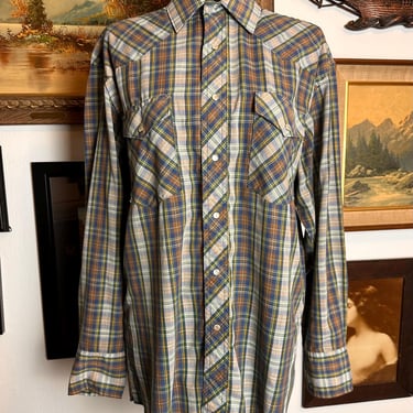 Vintage Wrangler Plaid Western Shirt Pearl Snaps Men's M-L  Extra Long 