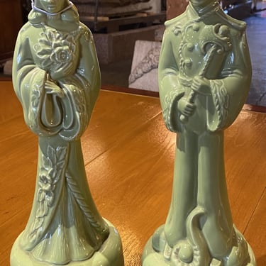 Pair MCM Asian Style Green Lamp Stands