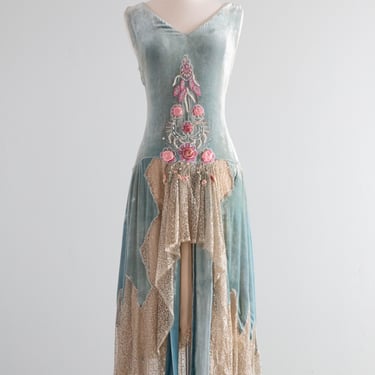 Museum Quality 1920’s Erotic Couture Evening Dress By Sadie Nemser 'Secret Garden' Aquamarine Silk Velvet / Small