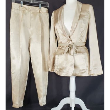 Hoss Intropia Silk Satin Jacket & Pant Business Suit Tan Gold Cruise Wear 36/8 