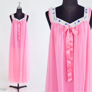 1960s Pink Nylon Nightgown | 60s Bubblegum Pink Nightgown | Shadow Line | Large 