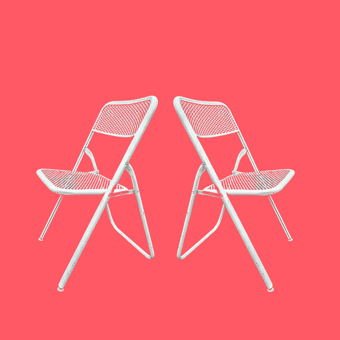 Pair of Vintage Mid Century Modern Rid-Gid Metal Mesh Folding Chairs By Salterini - White