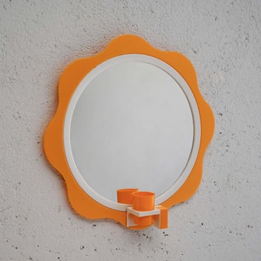 Vintage Finnish Mirror MK-298 by Mäkisen Kuvastin – 1960s Pop Art Orange & White with Toothbrush Holder 