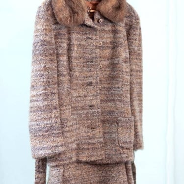 vintage boucle suit with faux fur trim - classic 1960s matching set with belted jacket and a-line skirt 