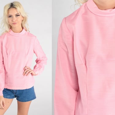 Vintage 70s Shirt Pink Top Mod Long Sleeve Mock Neck Blouse 1970s Retro Top Vintage Plain Blank Basic Top Small S 