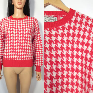 Vintage 80s/90s Bright Red And White Houndstooth Holiday Candy Cane Sweater Size S/M 