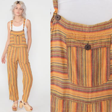 Striped Overalls y2k Hippie Jumpsuit Sleeveless Romper Suspender Bibs Pants Summer Festival Boho Orange Green Red Vintage 00s Extra Small xs 