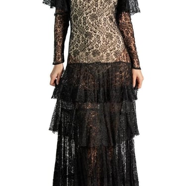 1930S Black Antique Lace Ruffle Dress 