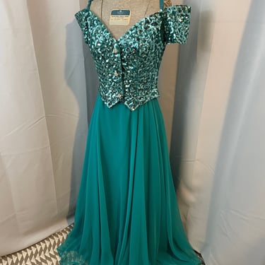 80s Princess Ariel Formal Gown Party Dress Teal sequins 6 S 