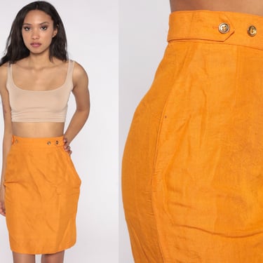 80s Pencil Skirt Orange Silk Skirt 1980s Vintage High Waist Wiggle Mini Skirt Secretary Skirt Small 6 