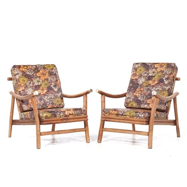 John Wisner for Ficks Reed Mid Century Brass and Rattan Pagoda Lounge Chairs - Pair - mcm 