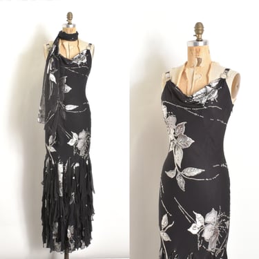 Vintage 1990s Dress / 90s Diane Freis Floral Silk Handkerchief Hem Dress / Black White ( XS S M ) 