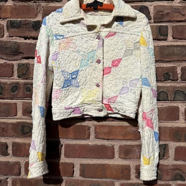 Vintage Antique Quilt Jacket Cropped Collared 40s 50s Handmade Cotton XS Small by TimeBa